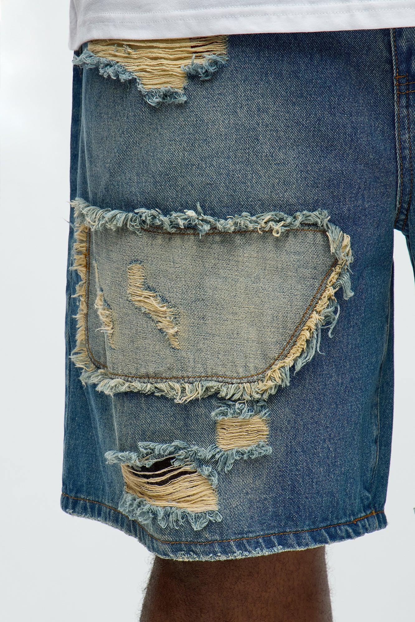 Relaxed Patches With Fray Distressed Denim Shorts - Vintage Blue Wash Product Image