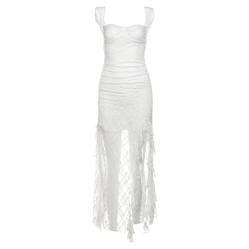 Sleeveless Square-Neck Plain Lace Ruffled-Trim Slim-Fit Midi Bodycon Dress Product Image