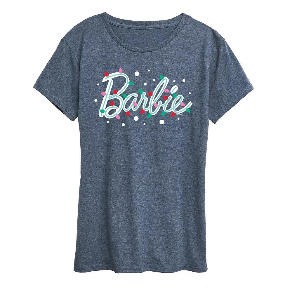 Womens Barbie Logo Holiday Lights Graphic Tee, Girls Grey Blue Product Image