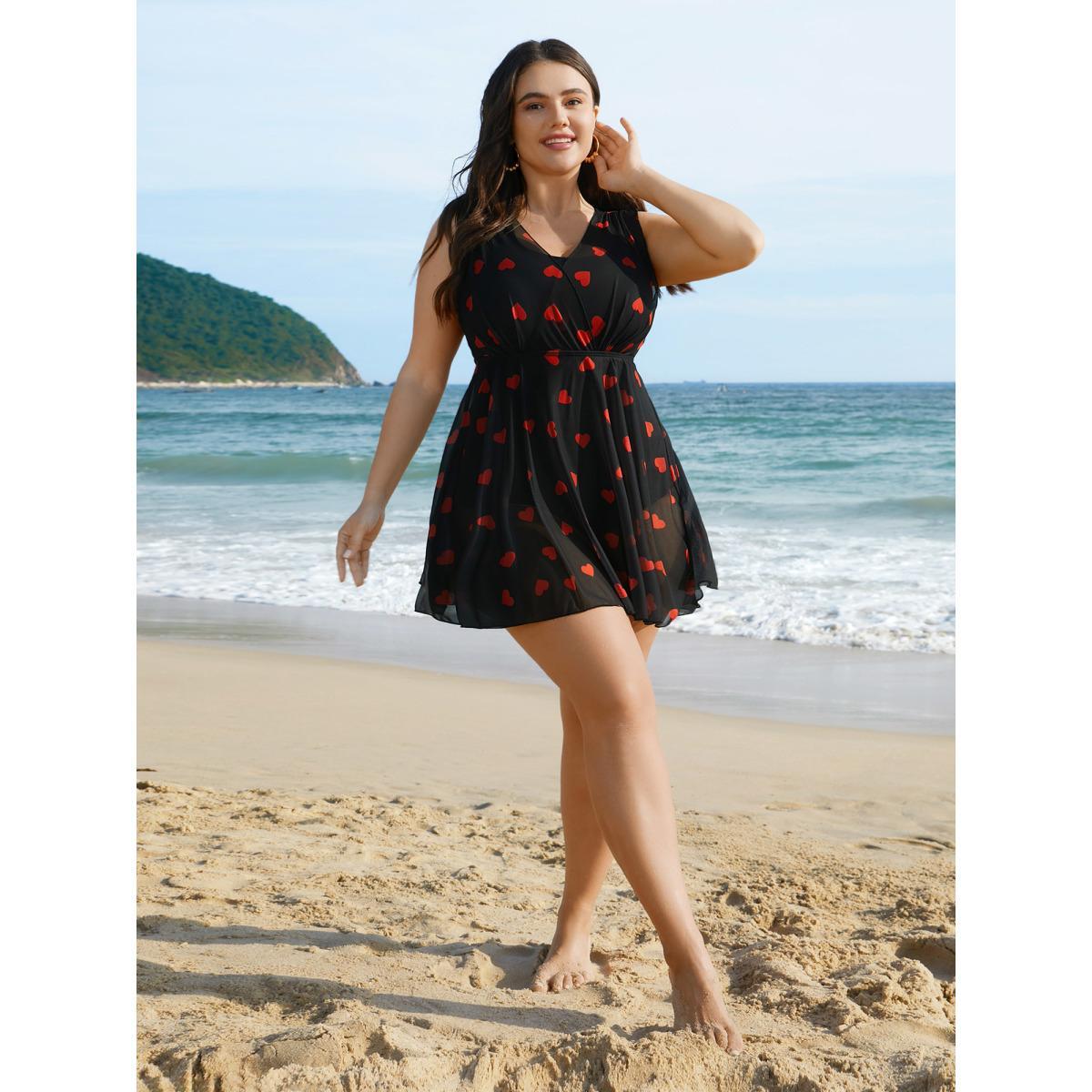 Plus Size Sheer Hearts Mesh Wrap Neck Swim Dress Women's Swimwear Black Beach Bodycon Overlap Collar High stretch Curve Swim Dresses BloomChic 30/6X Product Image