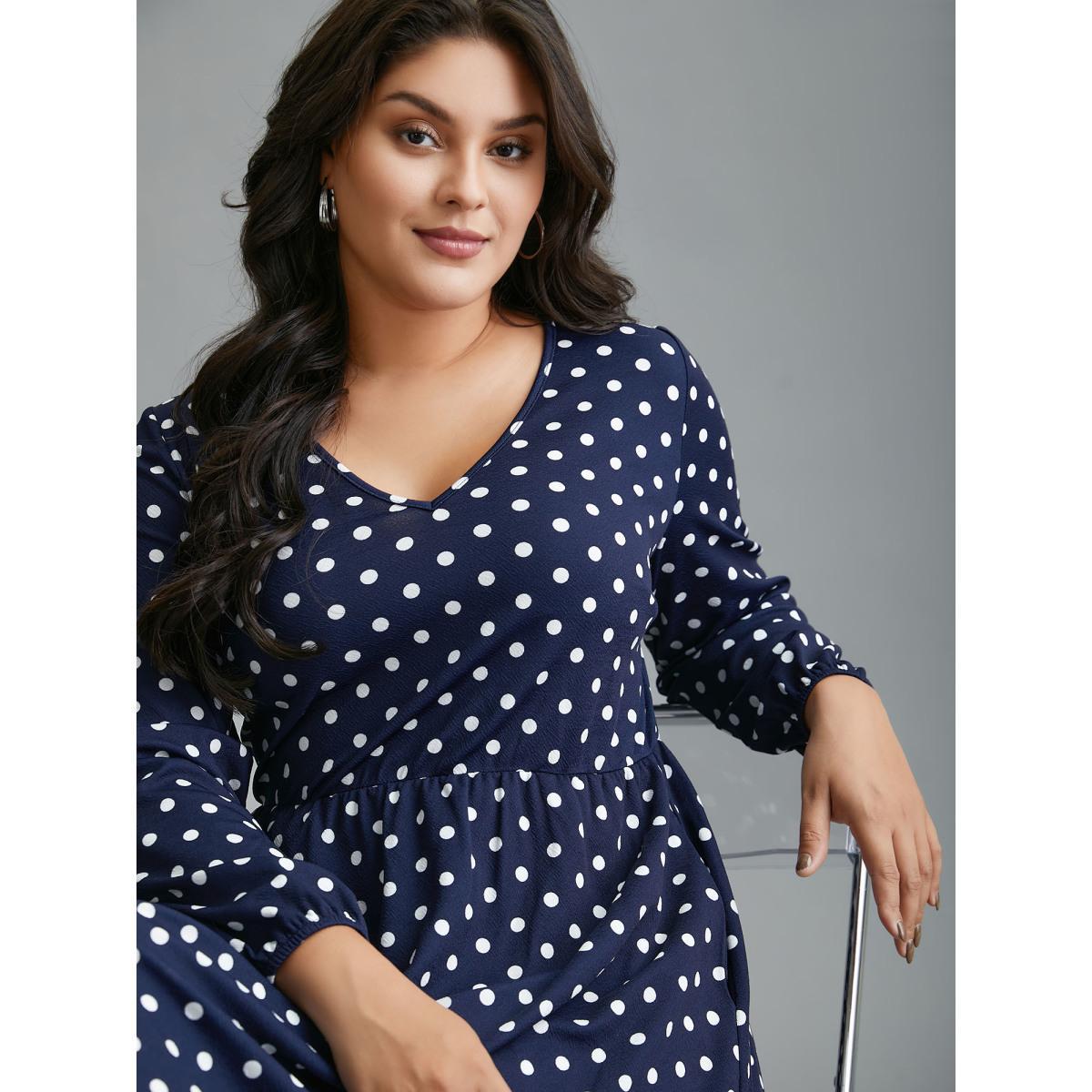 Plus Size V Neck Polka Dot Midi Dress DarkBlue Women Casual Non Knit Dresses Bloomchic 10/M Product Image