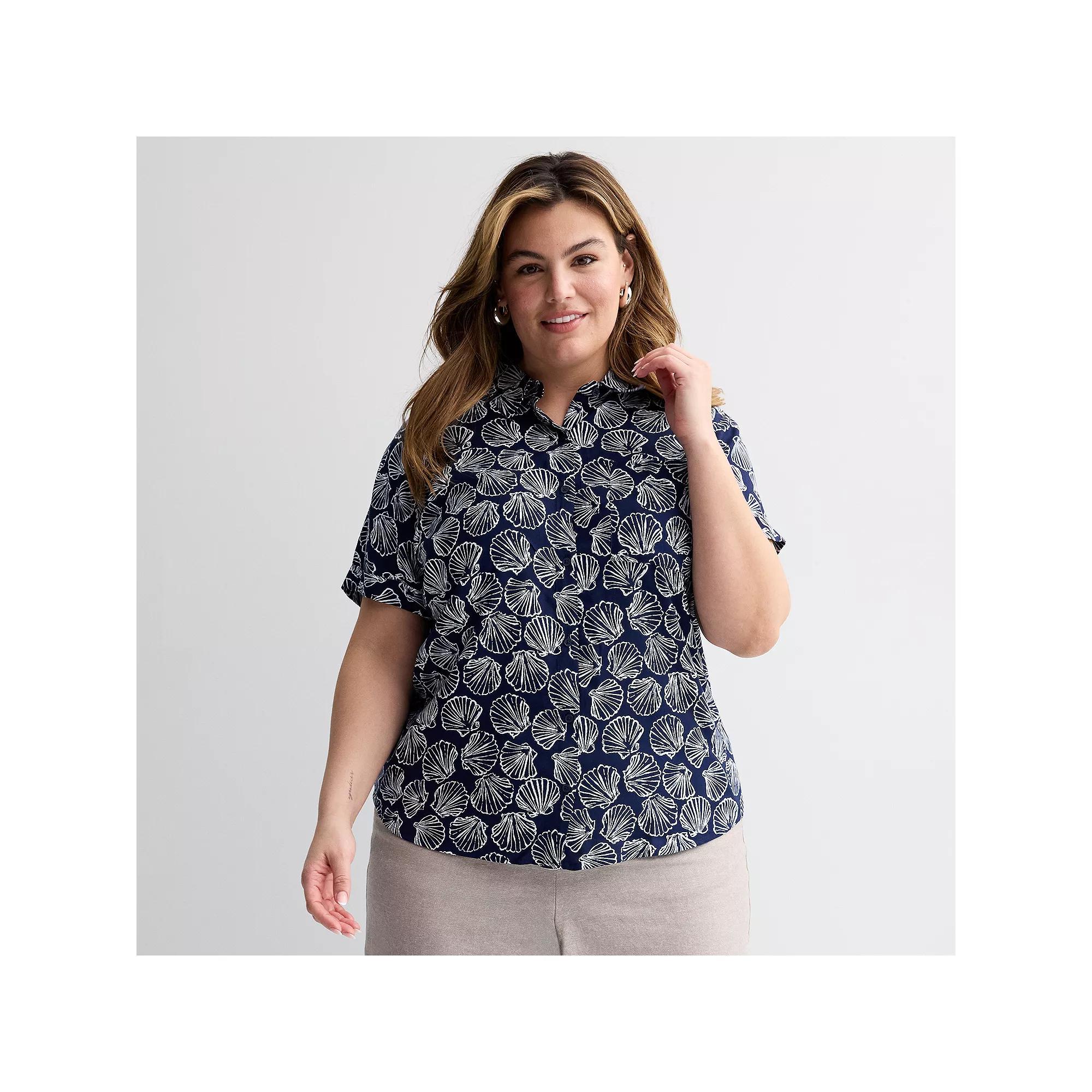 Plus Size Croft & Barrow® Camp Shirt, Women's, Size: 5XL, Blue Artistic Shells Product Image
