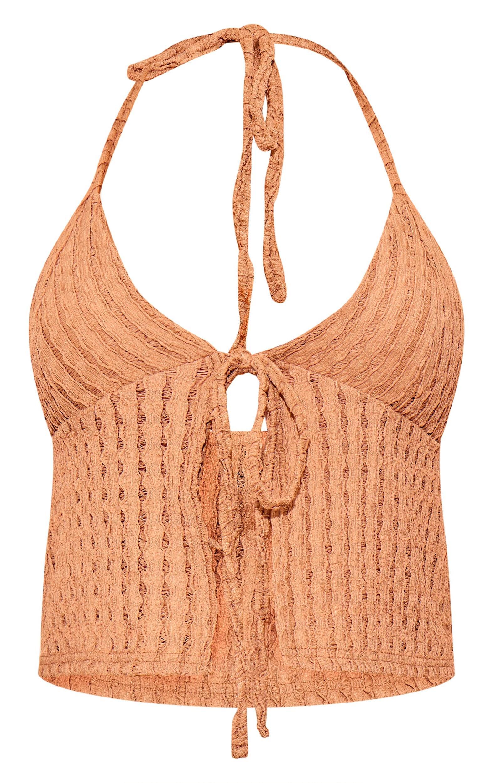 Taupe Textured Tie Neck Split Hem Top Product Image
