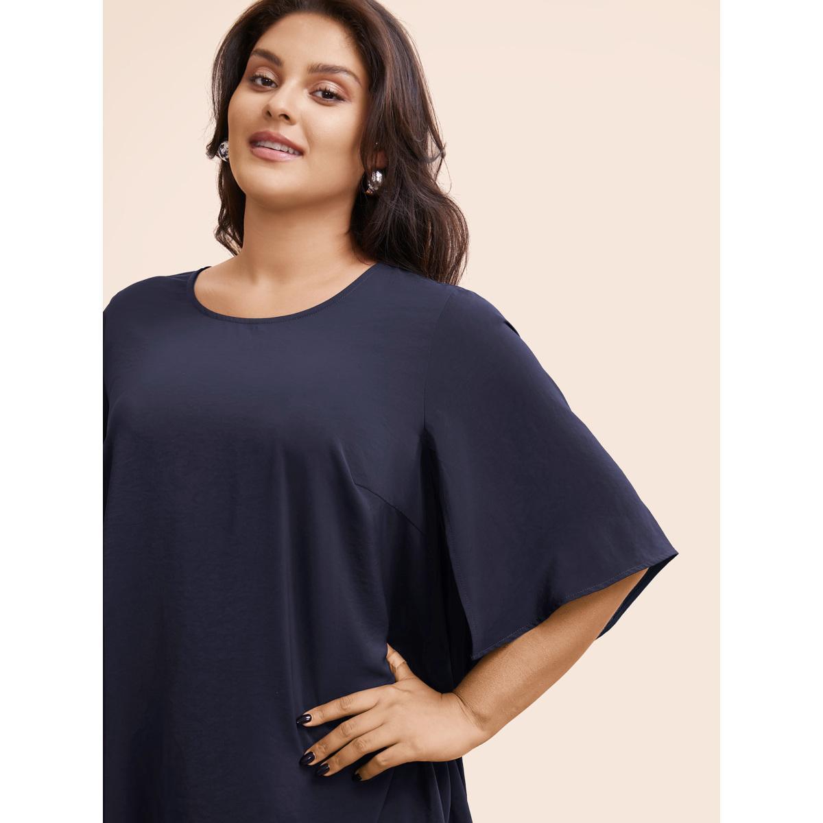Plus Size Indigo Plain Mesh Flutter Sleeve Hanky Hem Blouse Women Office Elbow-length sleeve Round Neck Dailywear Blouses BloomChic 26/4X Product Image