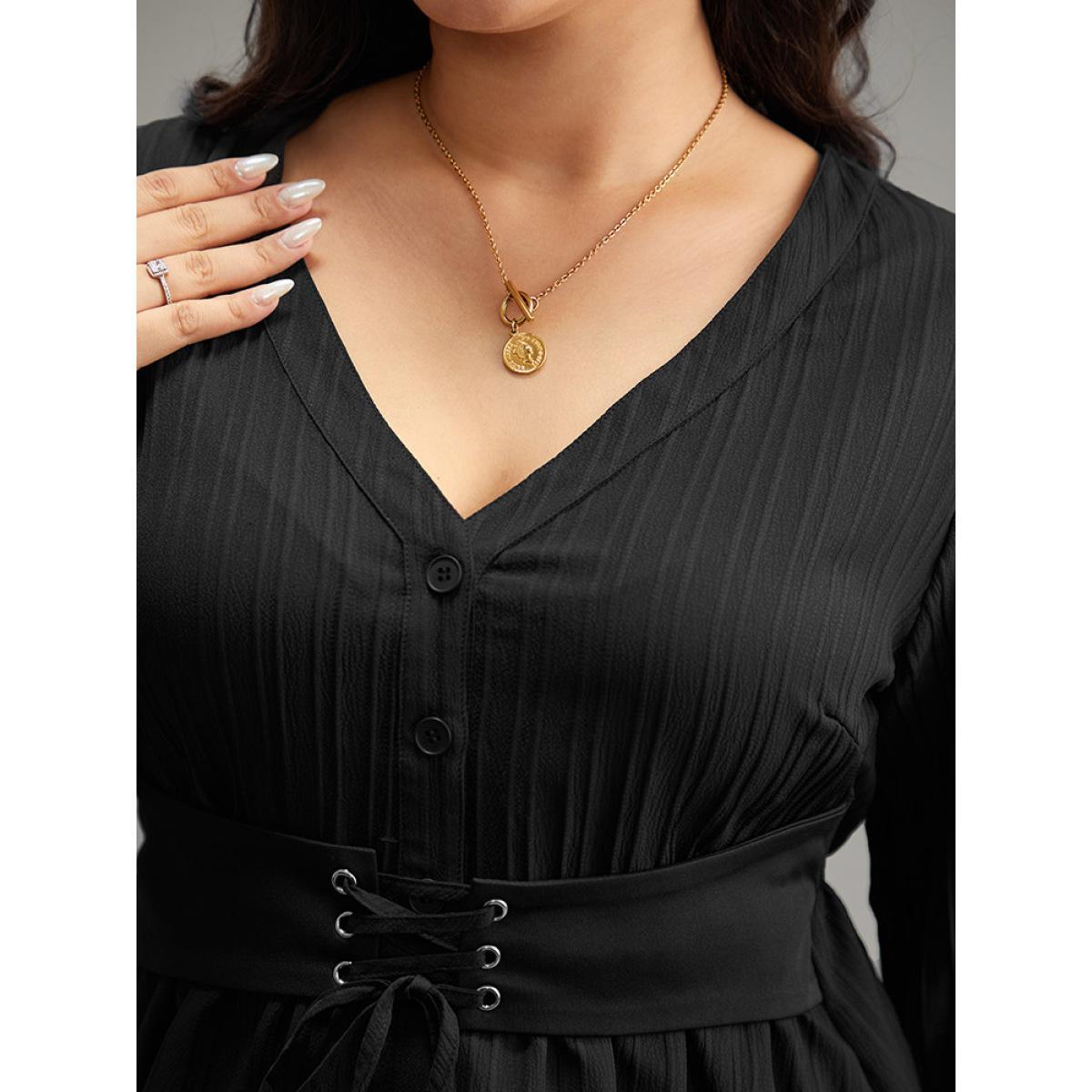 Plus Size Black Solid Textured Button Detail Lace Up Blouse Women At the Office Long Sleeve V-neck Work Blouses BloomChic 26/4X Product Image