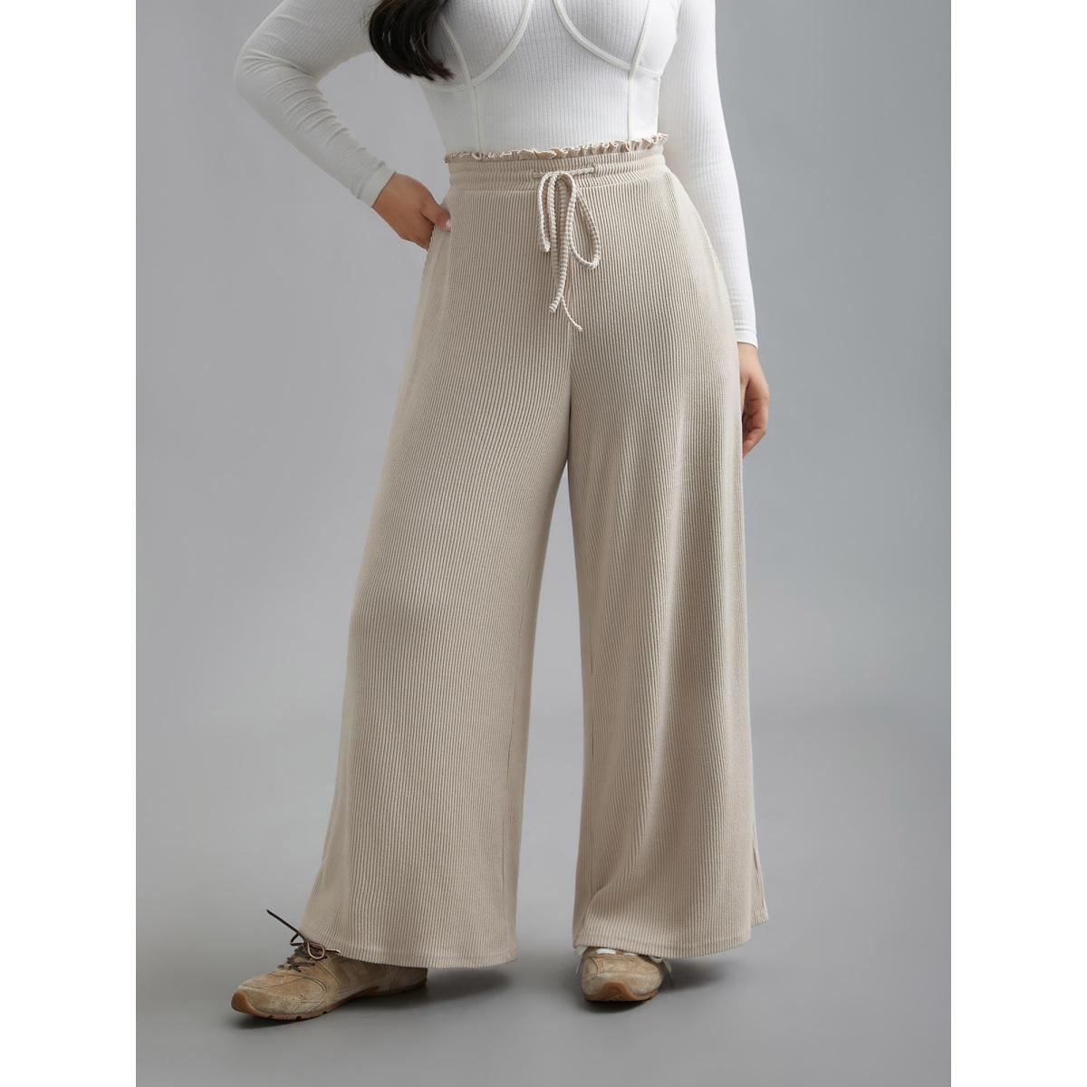 Plus Size Solid Drawstring Fit Stretch Pants Women Apricot Casual Wide Leg Mid Rise Everyday Pants BloomChic 22-24/3X Product Image