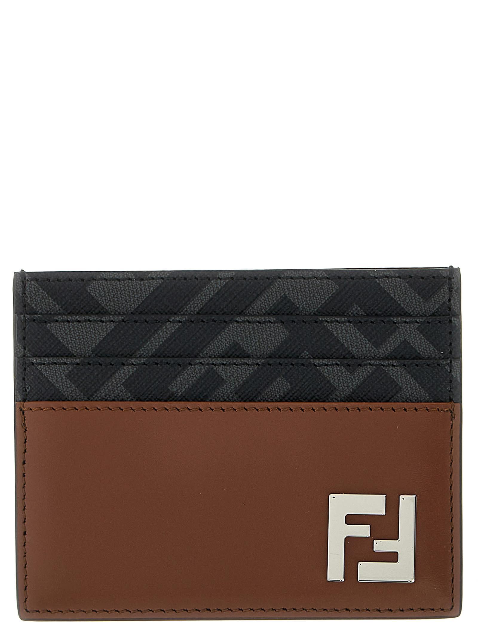 FENDI Leather And Ff Canvas Squared Card Holder In Brown Product Image
