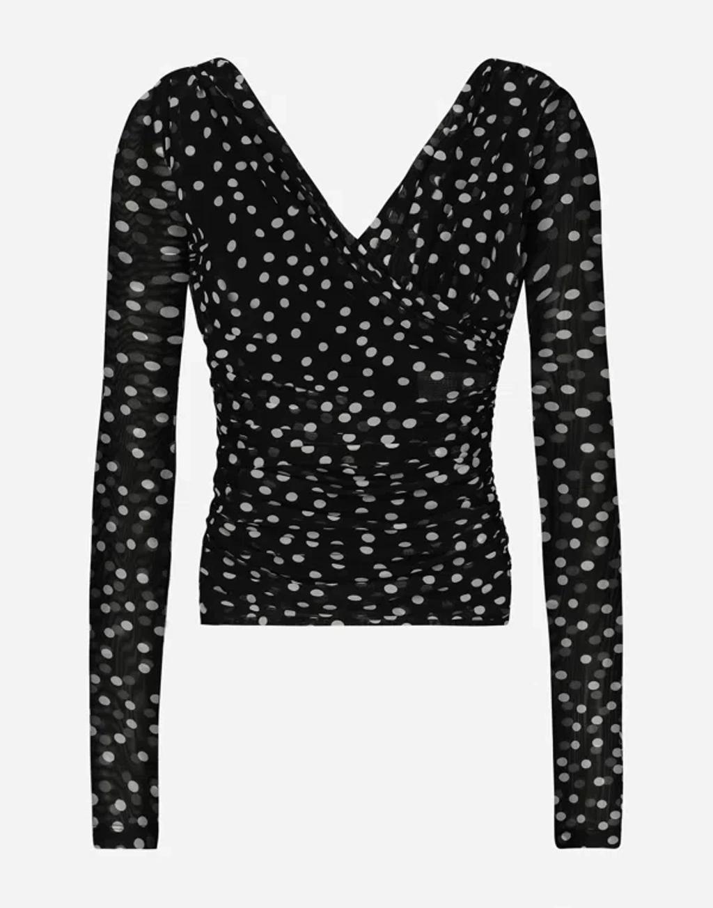 DOLCE & GABBANA Dolce&gabbana Polka Dot Ruched Tulle Top In Weiss Product Image