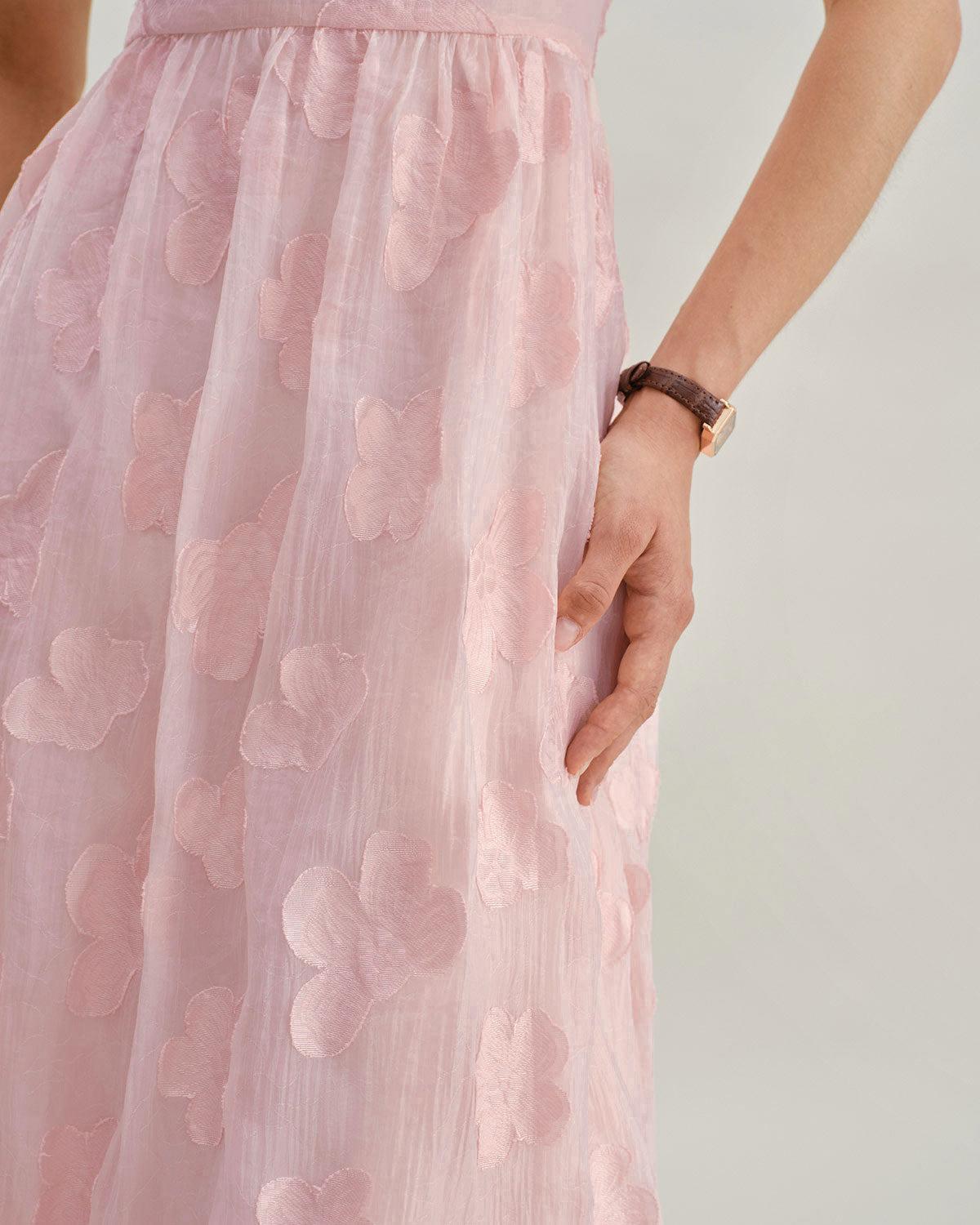 Pink Square Neck Puffed Sleeve Midi Dress Product Image