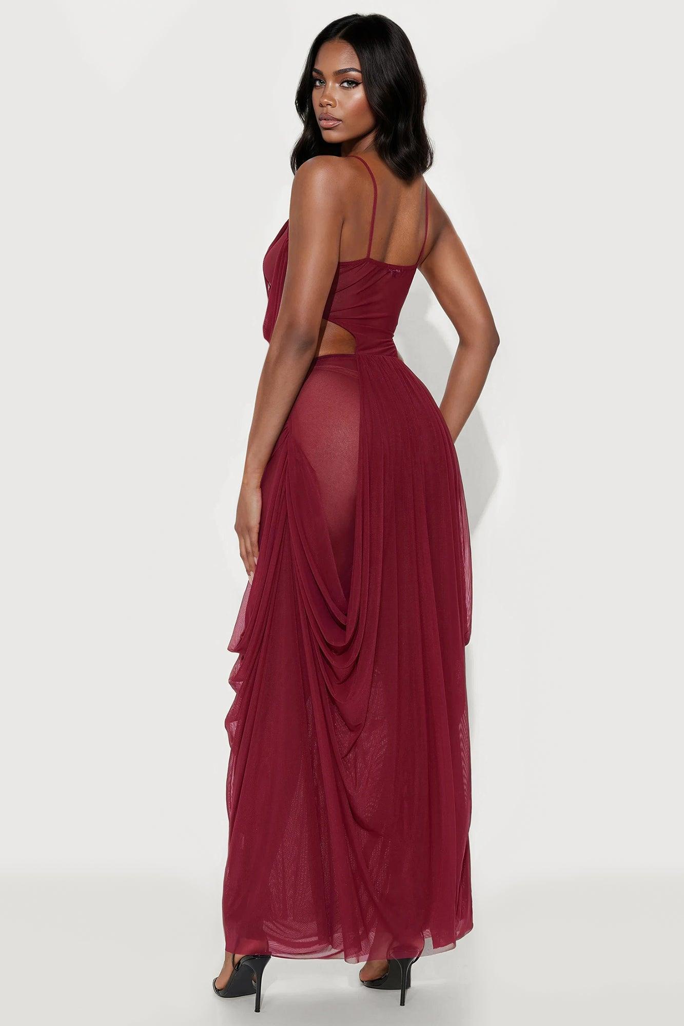 Alisha Sheer Draped Maxi Dress - Burgundy Female Product Image