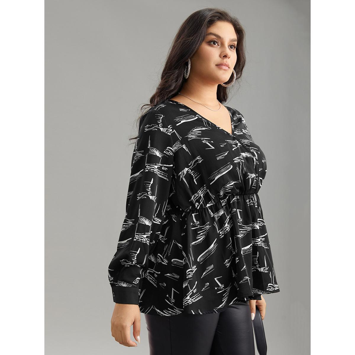 Plus Size BlackFlower Geometric Wrap Elastic Waist Ruffle Hem Blouse Women Office Long Sleeve Overlap Collar Work Blouses BloomChic 22-24/3X Product Image