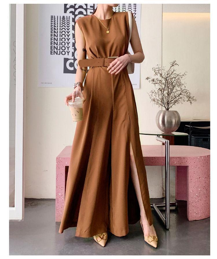 Sleeveless Crewneck Plain Wide Leg Jumpsuit Product Image