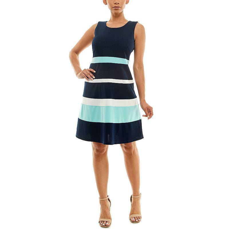 Women's Nina Leonard Sleeveless Jewelneck Colorblock Dress, Size: Large, Navy Blue Ivory Product Image