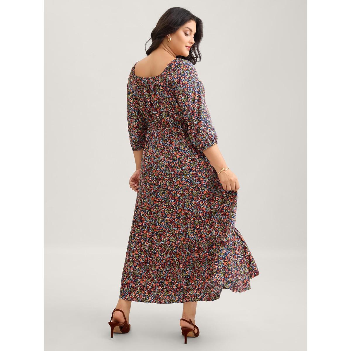 Plus Size Ditsy Floral Woven Ribbon Maxi Dress Navy Women Elegant Woven ribbon&lace trim Heart neckline Elbow-length sleeve Curvy BloomChic 28/5X Product Image