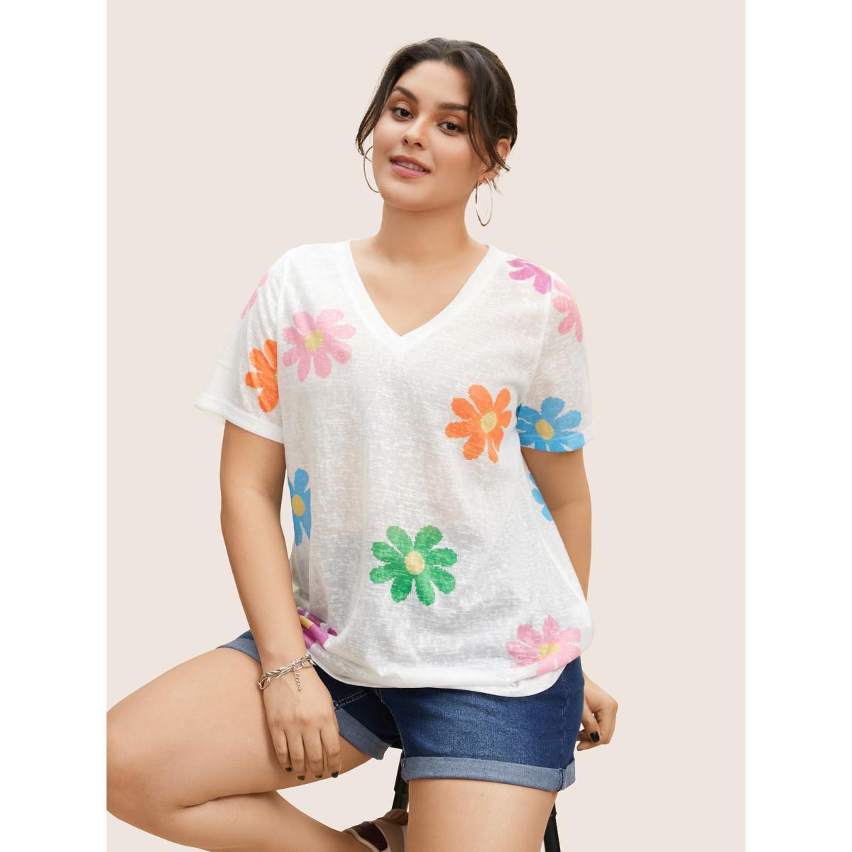Plus Size Colored Floral V Neck See Through T-Shirt WhiteSmoke Women Casual See through Art&design V-neck Everyday T-shirts BloomChic 30/6X Product Image