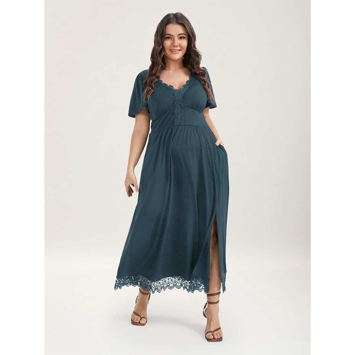 Plus Size Solid Pocket Contrast Lace Split Maxi Dress Aegean Women Elegant Patchwork V-neck Short sleeve Curvy Long Dress BloomChic 10/M Product Image
