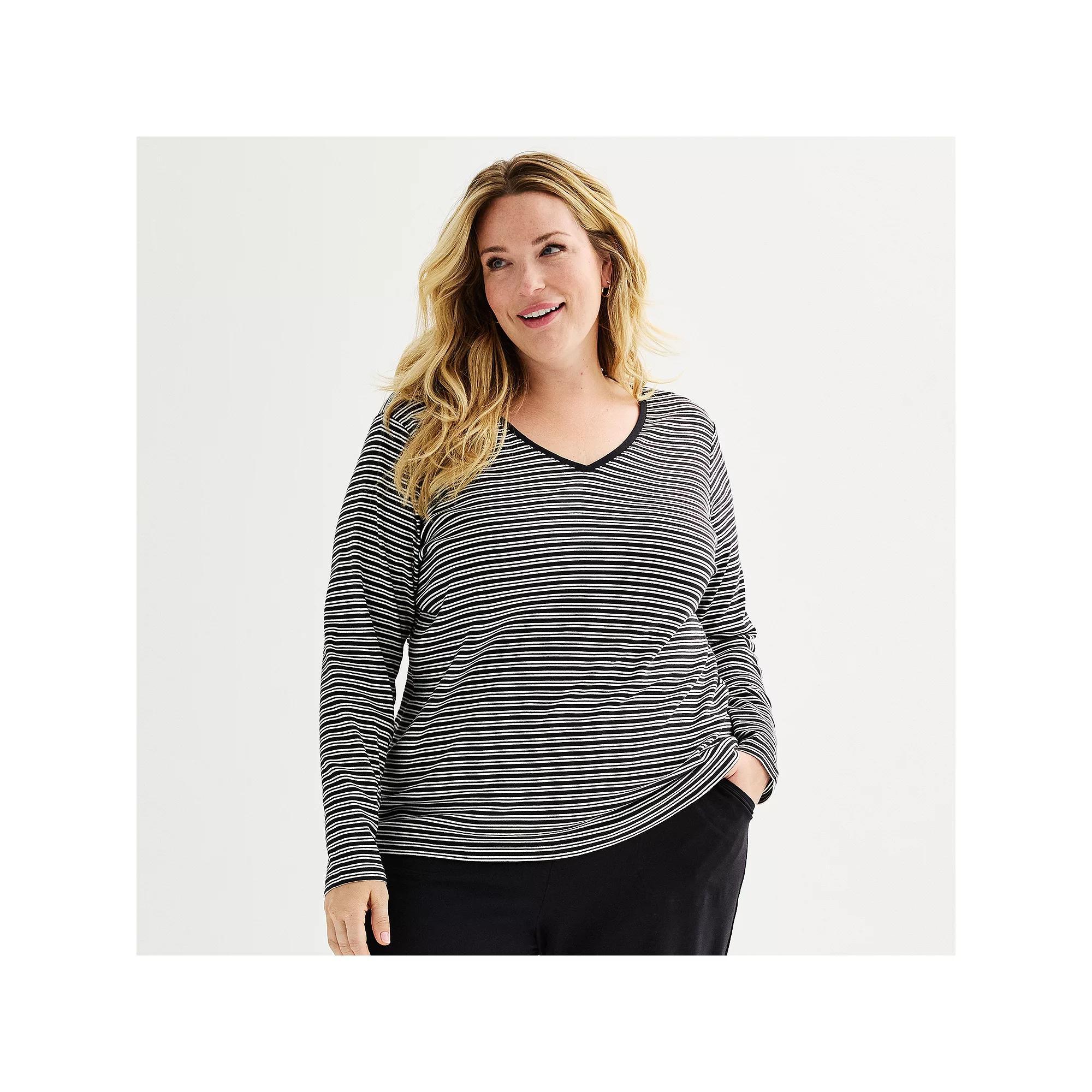Plus Size Croft & Barrow® Essential V-Neck Top, Women's, Size: 1XL, Black Neat Stripe Product Image