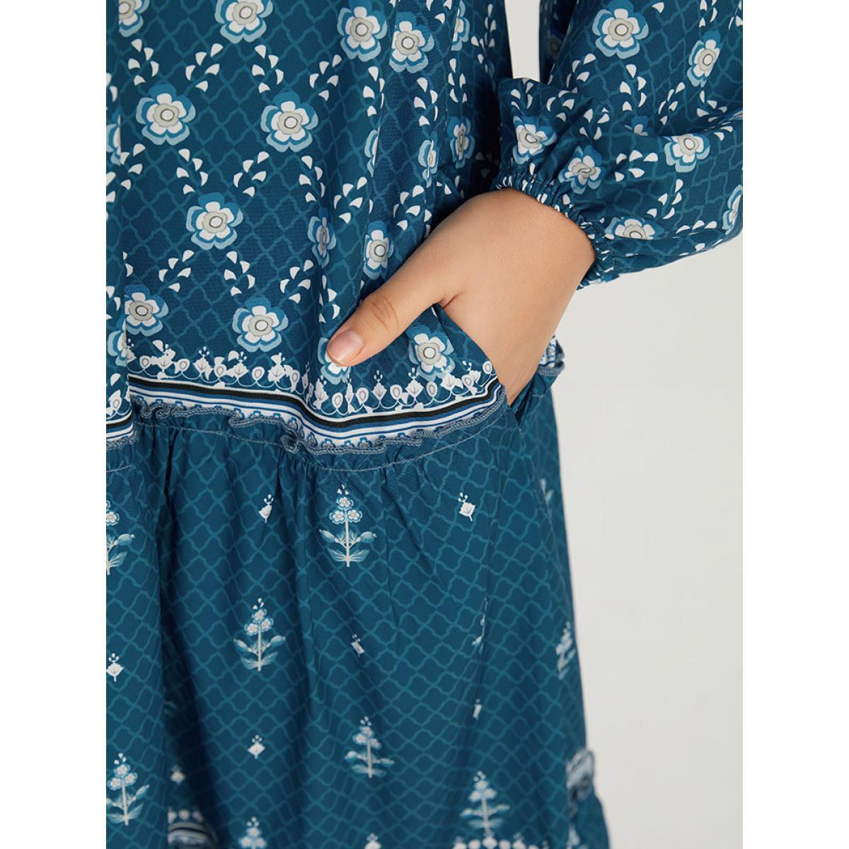 Plus Size Bandana Print Knot Neck Lantern Sleeve Dress Aegean Women Vacation Elastic cuffs Tie Neck Long Sleeve Curvy Midi Dress BloomChic 10/M Product Image