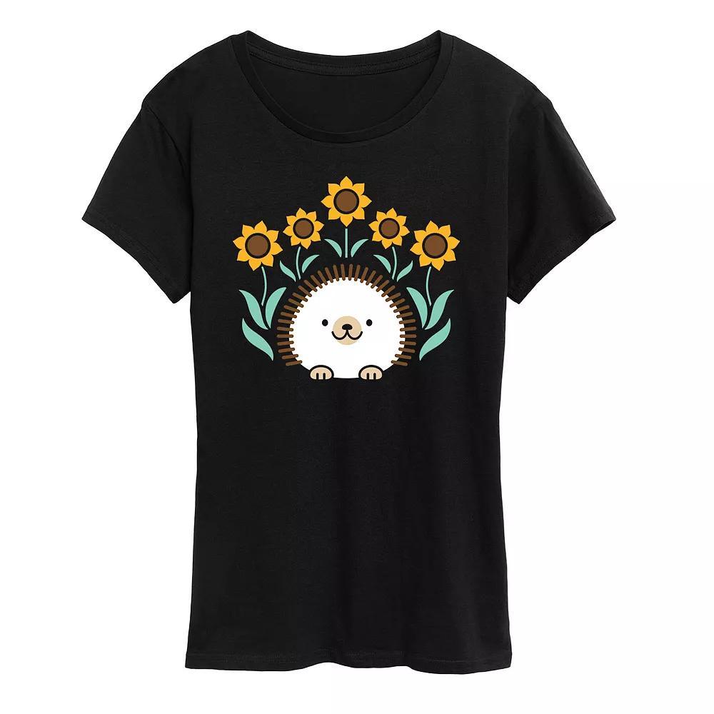 Women's Scandinavian Hedgehog And Sunflowers Oversized Tee, Size: XL, Black Product Image