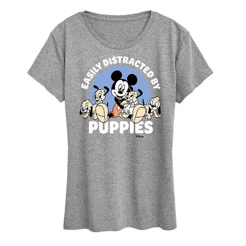 Disneys Mickey Mouse Womens Distracted By Puppies Graphic Tee, Girls Grey Gray Product Image