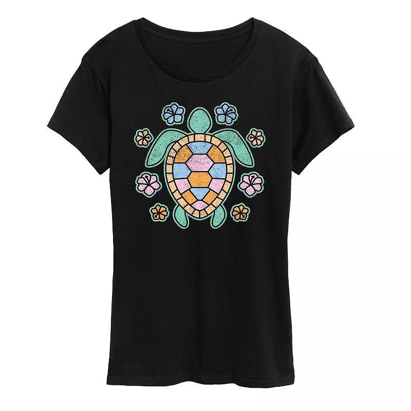 Women's Turtle And Flowers Graphic Tee, Size: Large, Grey Royal Blue Product Image