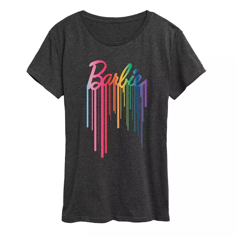 Womens Barbie Logo Rainbow Drip Graphic Tee, Girls Heather Grey Product Image