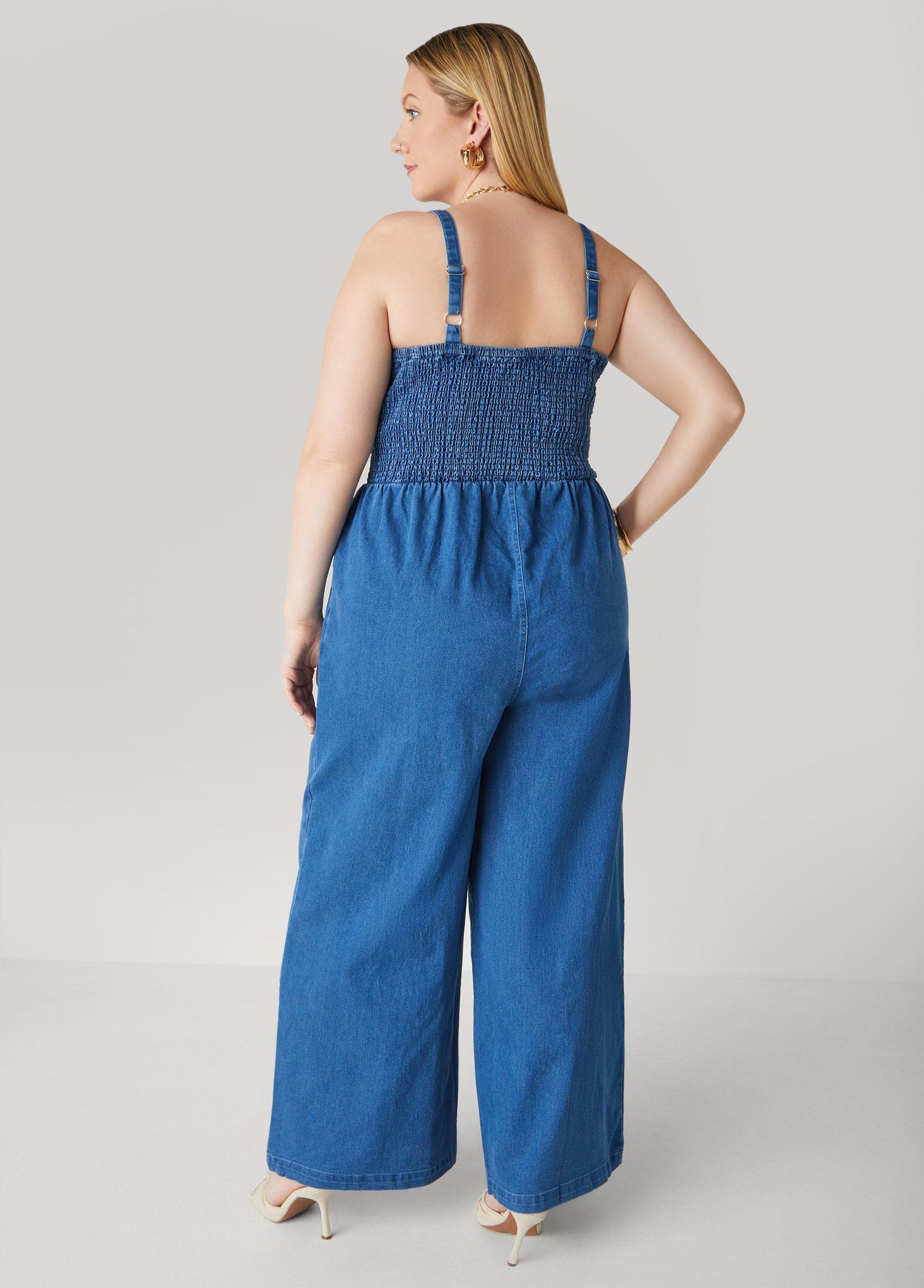 Shirred Denim Wide Leg Jumpsuit Product Image