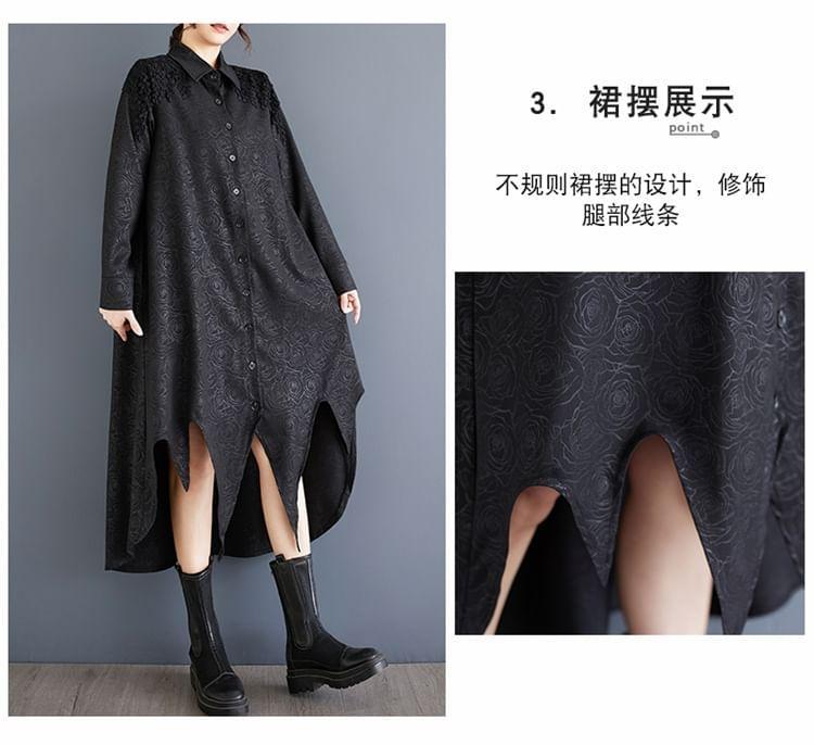 Long-Sleeve Jacquard Asymmetrical Midi Shirt Dress Product Image