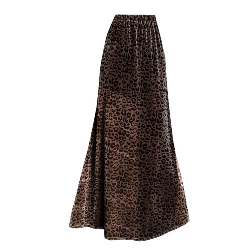 Elastic Waist Leopard Maxi A-Line Skirt Product Image