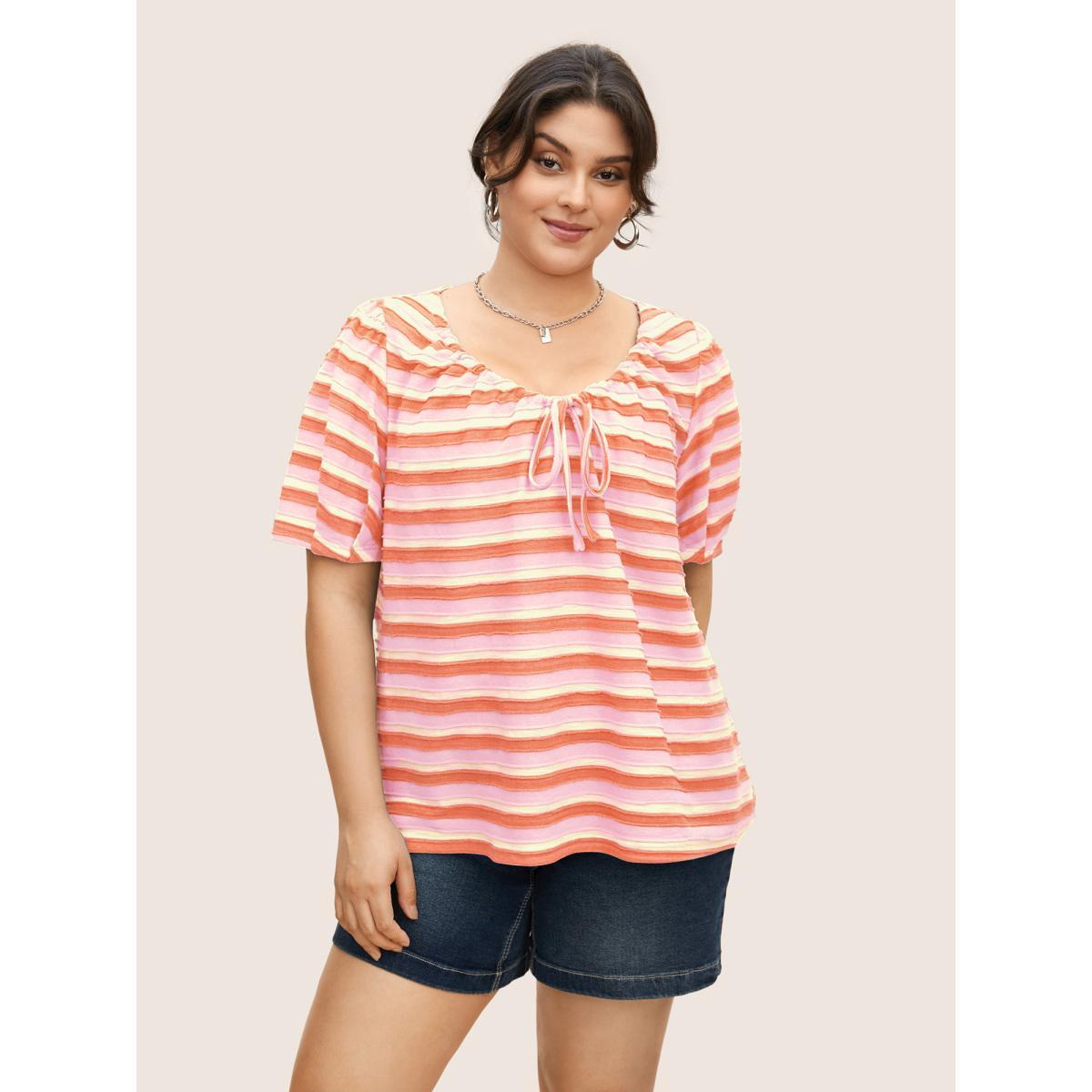 Plus Size V Neck Textured Striped Tie Knot T-shirt Blush Women Casual Texture V-neck Everyday T-shirts BloomChic 30/6X Product Image