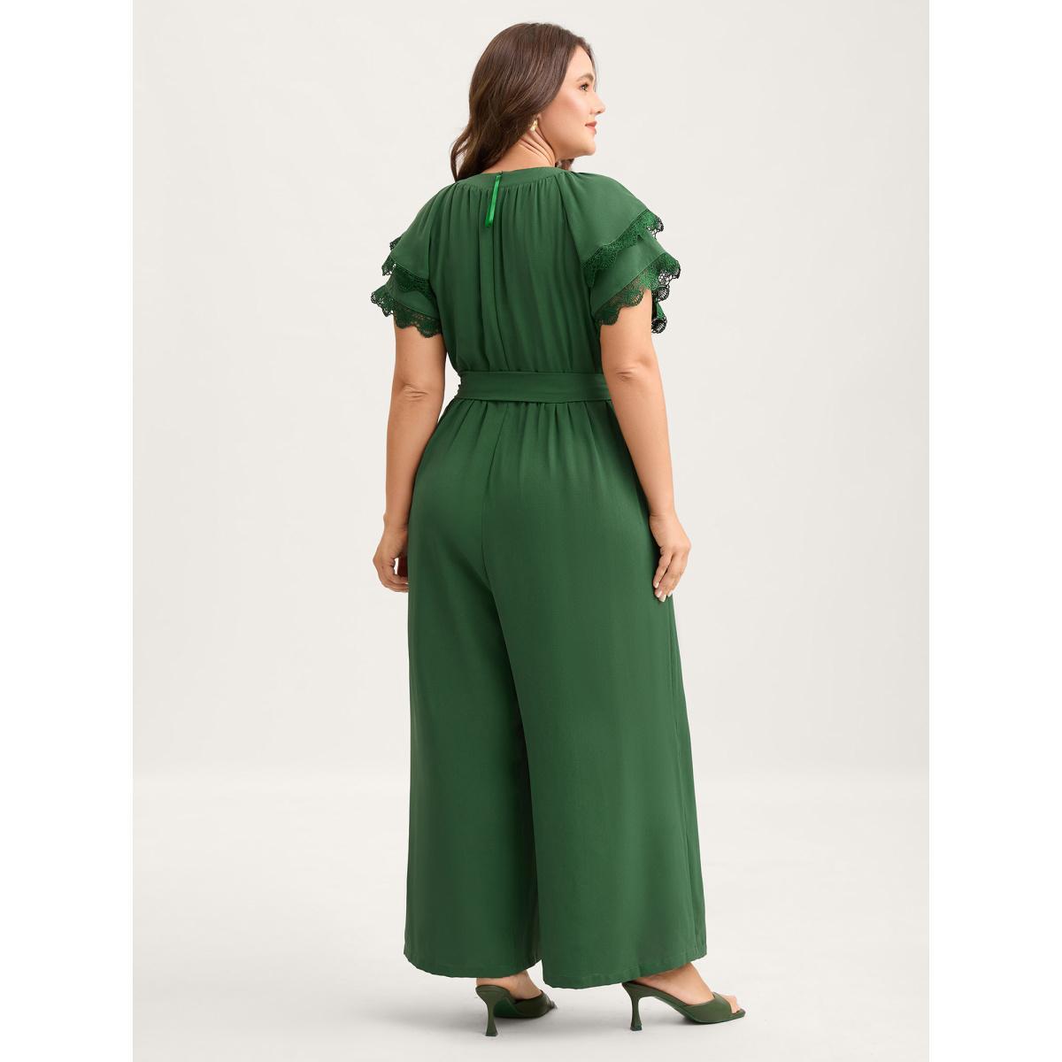 Plus Size DarkGreen Layered Lace Sleeve Belted Solid Jumpsuit Women Cap Sleeve Round Neck Everyday-Elegant Loose Jumpsuits BloomChic 10/M Product Image