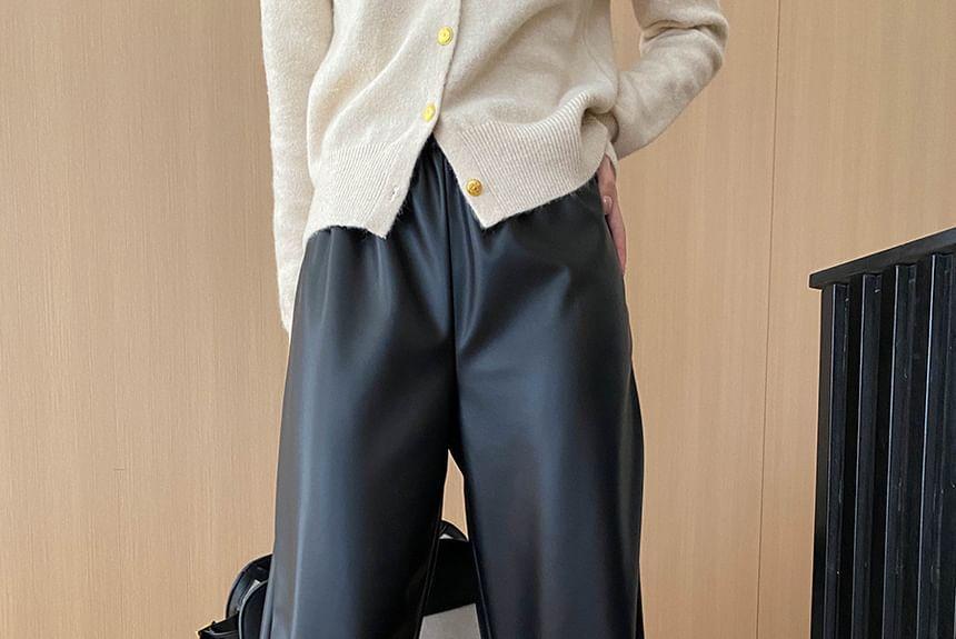 High Waist Plain Faux Leather Loose Fit Pants Product Image
