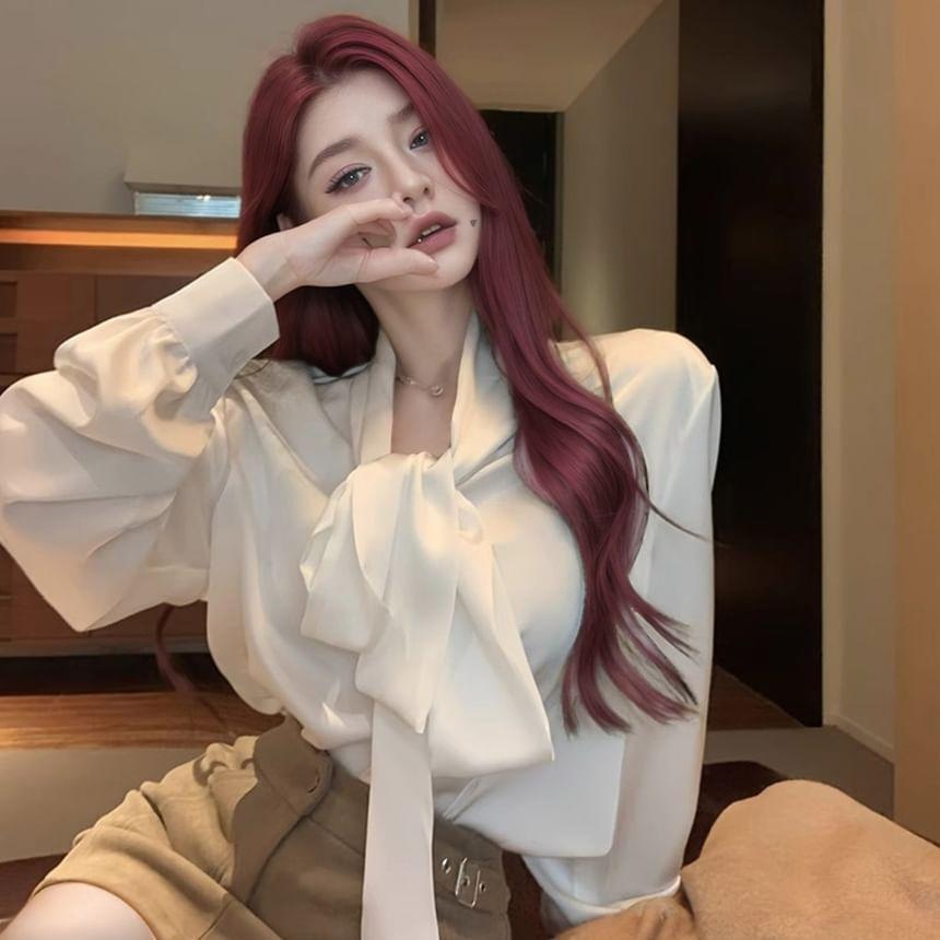 Long Sleeve Tie Neck Plain Blouse Product Image