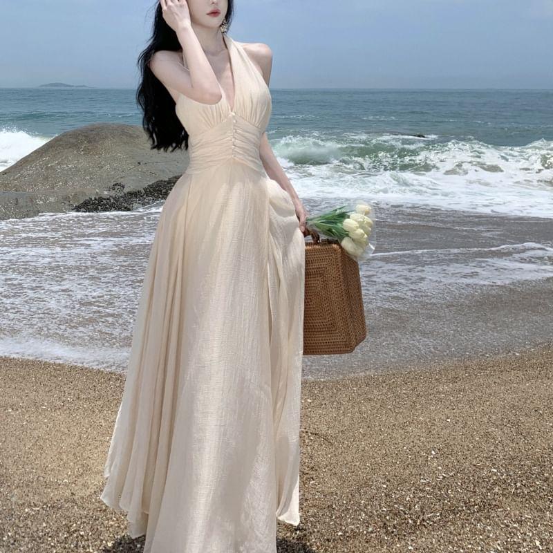 Halter Plain Maxi A-Line Sundress Product Image