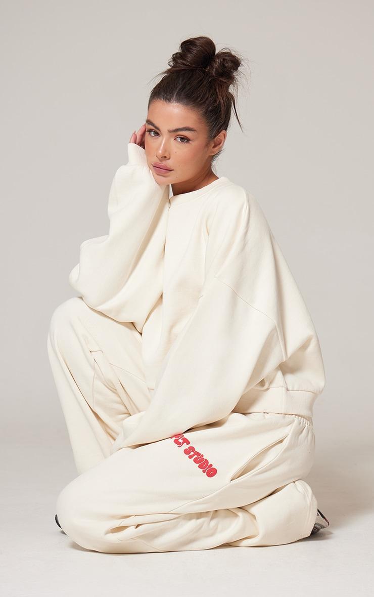 PRETTYLITTLETHING Sand Premium Studio Print Boxy Sweatshirt Product Image