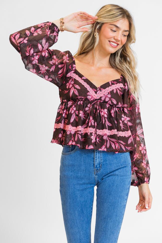 In My Dreams Brown and Pink Lace Trim Floral Blouse FINAL SALE Product Image