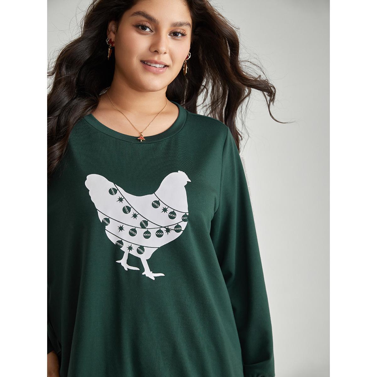 Plus Size Christmas Animal Print Crew Neck Sweatshirt Women DarkGreen Casual Printed Festival-Christmas Sweatshirts BloomChic 18-20/2X Product Image