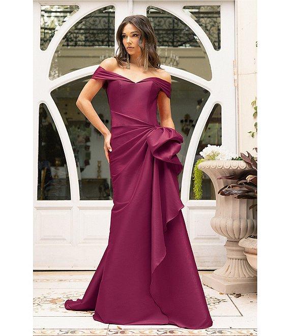 Terani Couture Off-the-Shoulder Ruffle Front Mikado Gown Product Image
