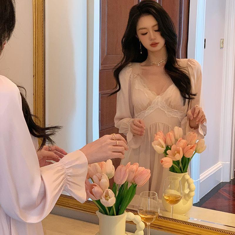 Puff-Sleeve Plain Lace Trim Pajama Dress Product Image