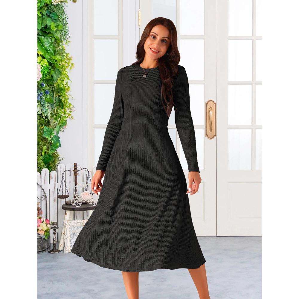 Seta T Women's Long Sleeve Round Neck Casual Knit A-Line Midi Dress Black Large Product Image