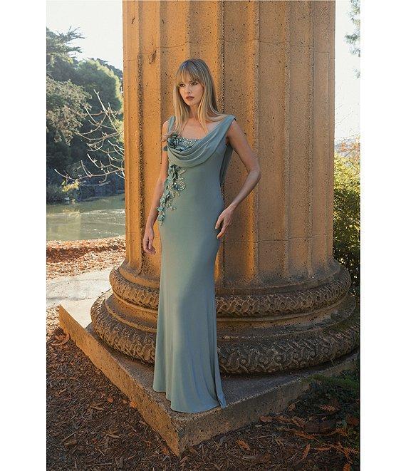 Mac Duggal Drape Neckk 3D Floral Applique Jersey Column Gown Product Image