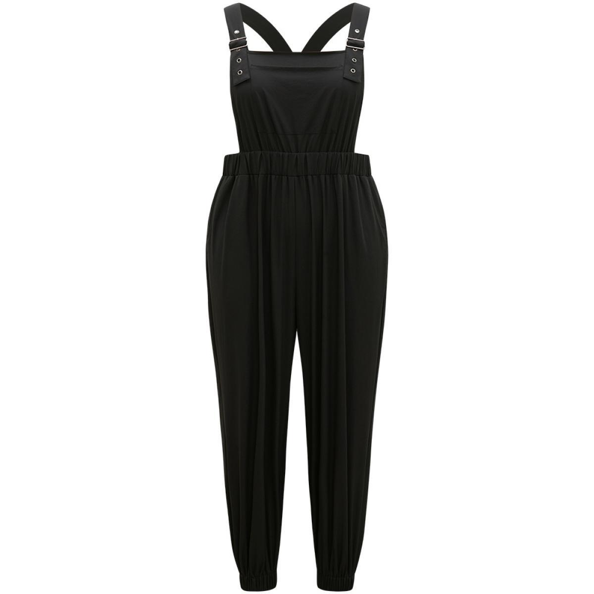 Plus Size Black Solid Pocket Back Crisscross Elastic Waist Jumpsuit Women Casual Sleeveless Spaghetti Strap Dailywear Loose Jumpsuits BloomChic 26/4X Product Image