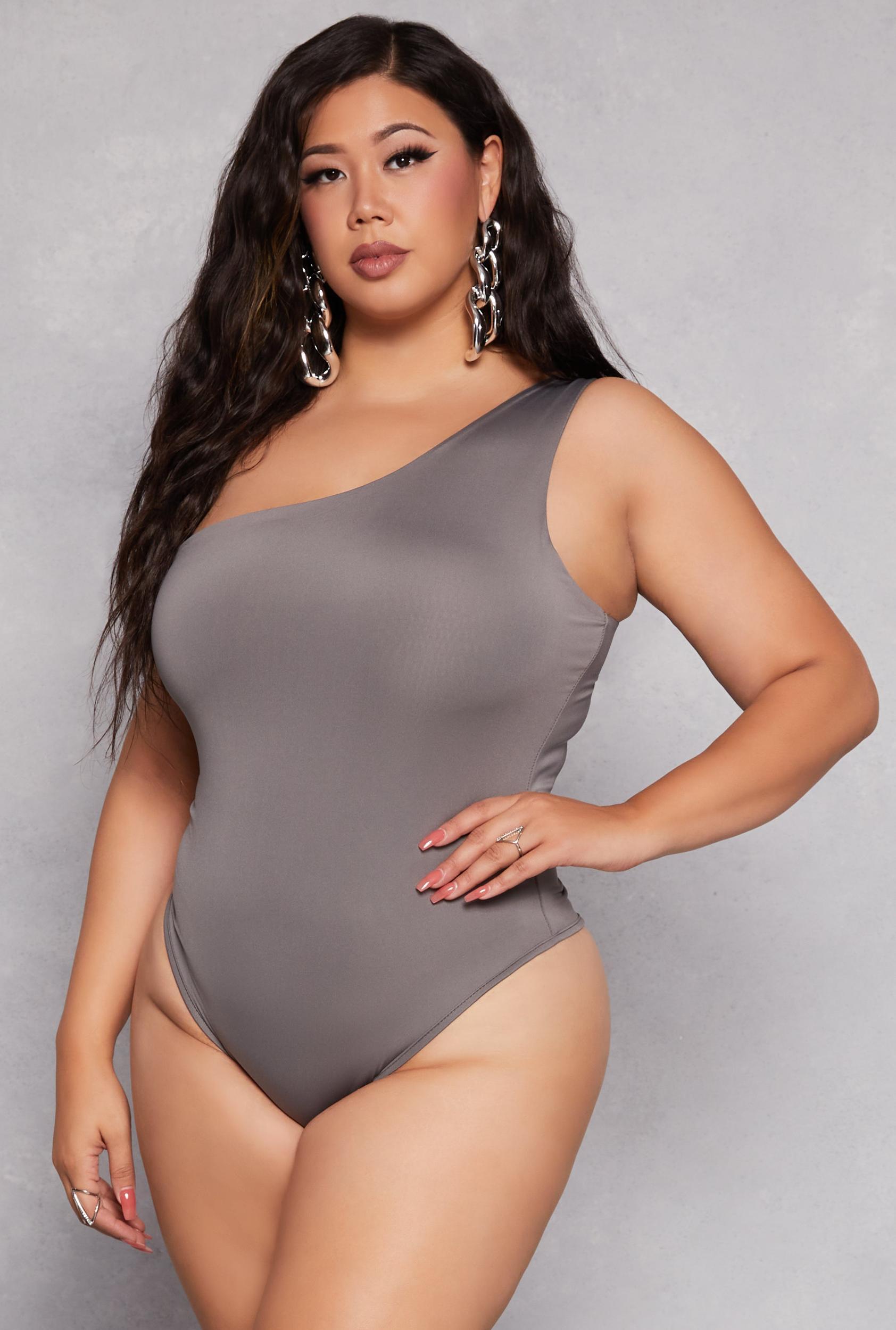 Womens Plus Size Daisy Double Lined One Shoulder Bodysuit Product Image