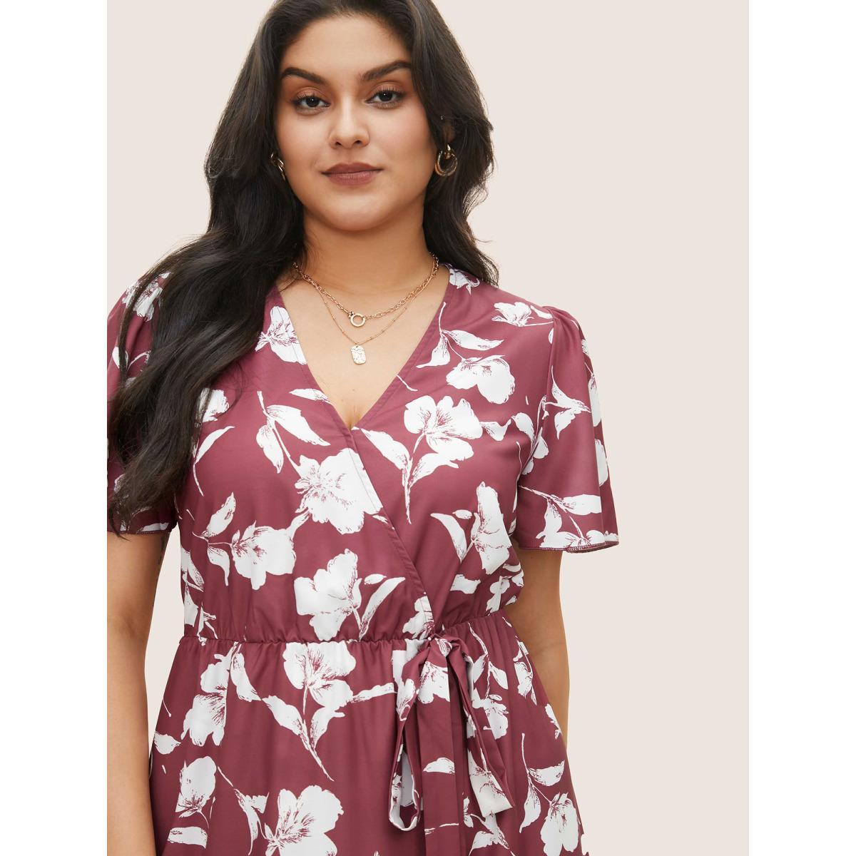Plus Size Floral Ruffle Knot Side Wrap Dress DustyPink Women Elegant Ruffles V-neck Short sleeve Curvy Midi Dress BloomChic 10/M Product Image
