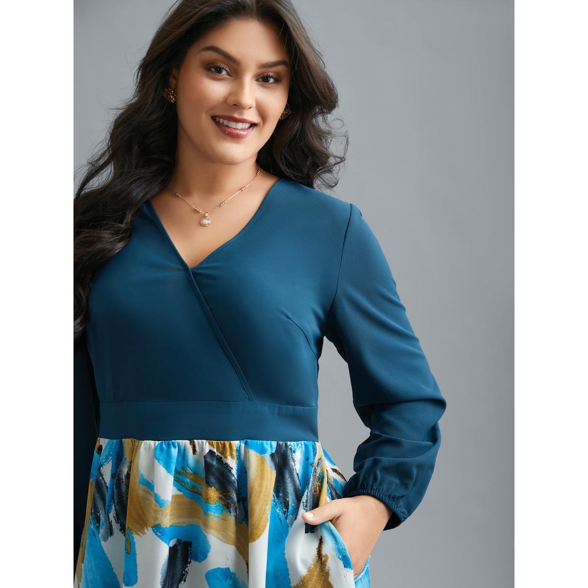Plus Size Brush Stroke Print Contrast Spliced Dress Aegean Women Elegant Patchwork Overlap Collar Long Sleeve Curvy BloomChic 18-20/2X Product Image