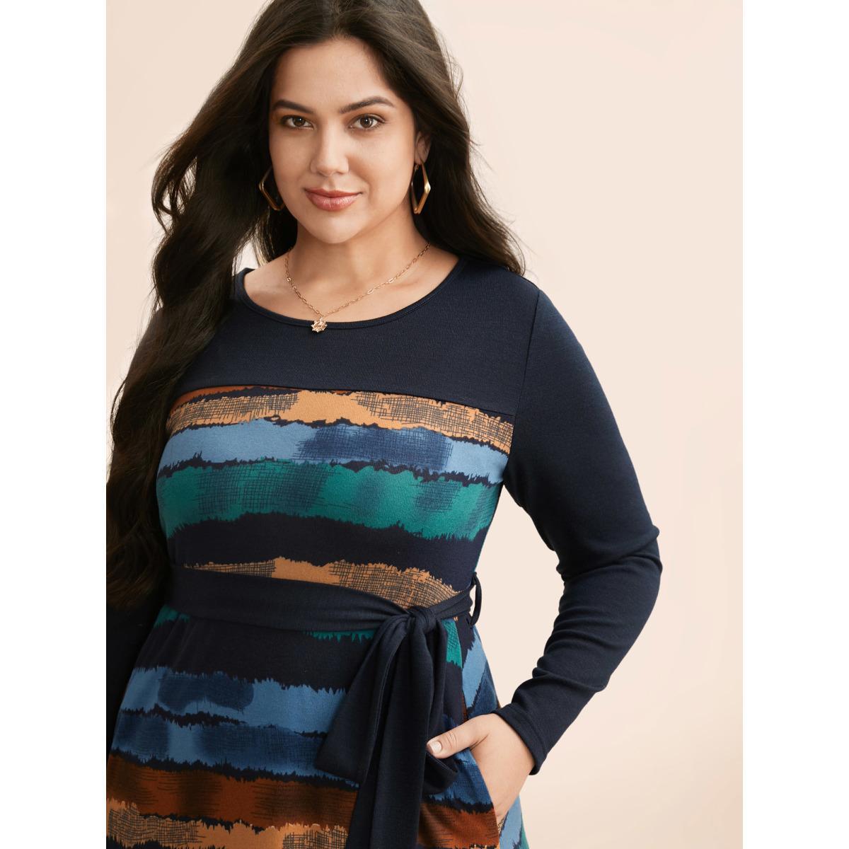 Plus Size Contrast Striped Round Neck Midi Dress Indigo Women Casual Belted Knit Dresses Bloomchic 18-20/2X Product Image