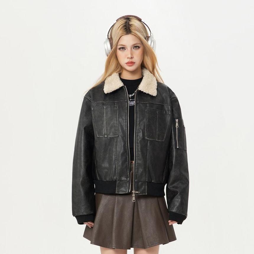Couple Matching Fleece Collar Zip-Up Faux Leather Jacket (Various Designs) Product Image