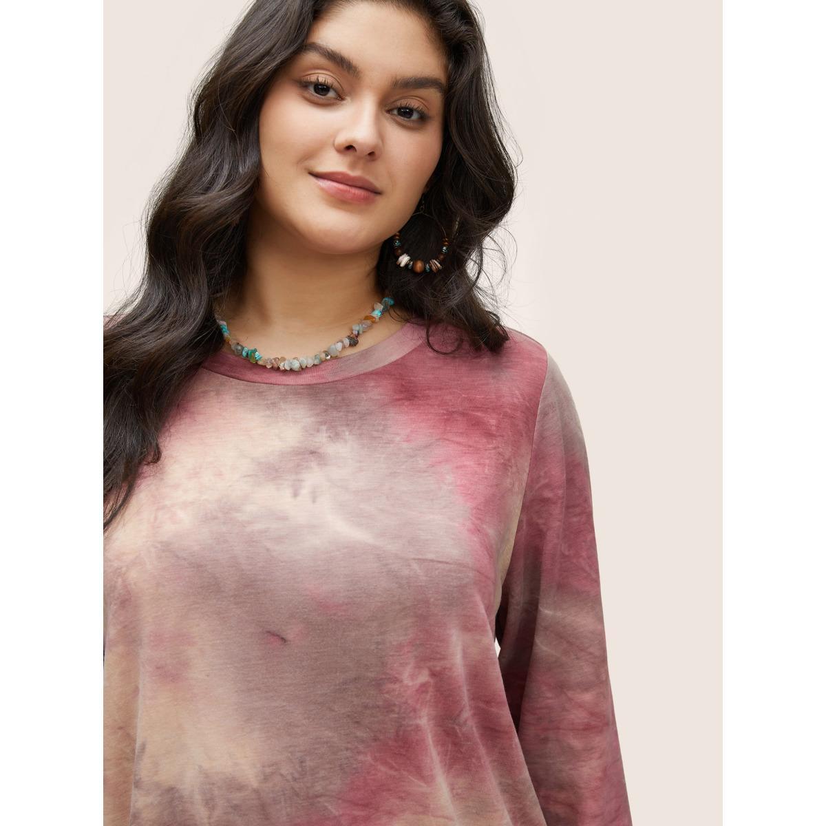 Plus Size Tie Dye Round Neck Sweatshirt Women Burgundy Casual Non Round Neck Everyday Sweatshirts BloomChic 18-20/2X Product Image