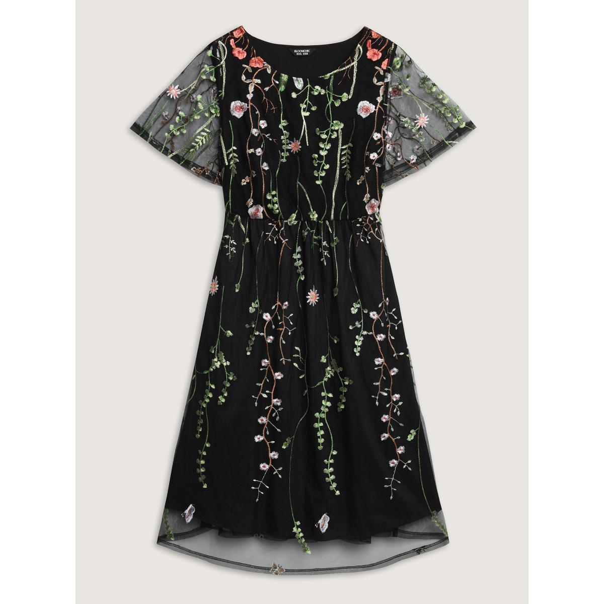 Plus Size Plant Embroidery Sheer Cinched-Waist Midi Dress Black Women Round Neck Short sleeve Curvy BloomChic 26/4X Product Image