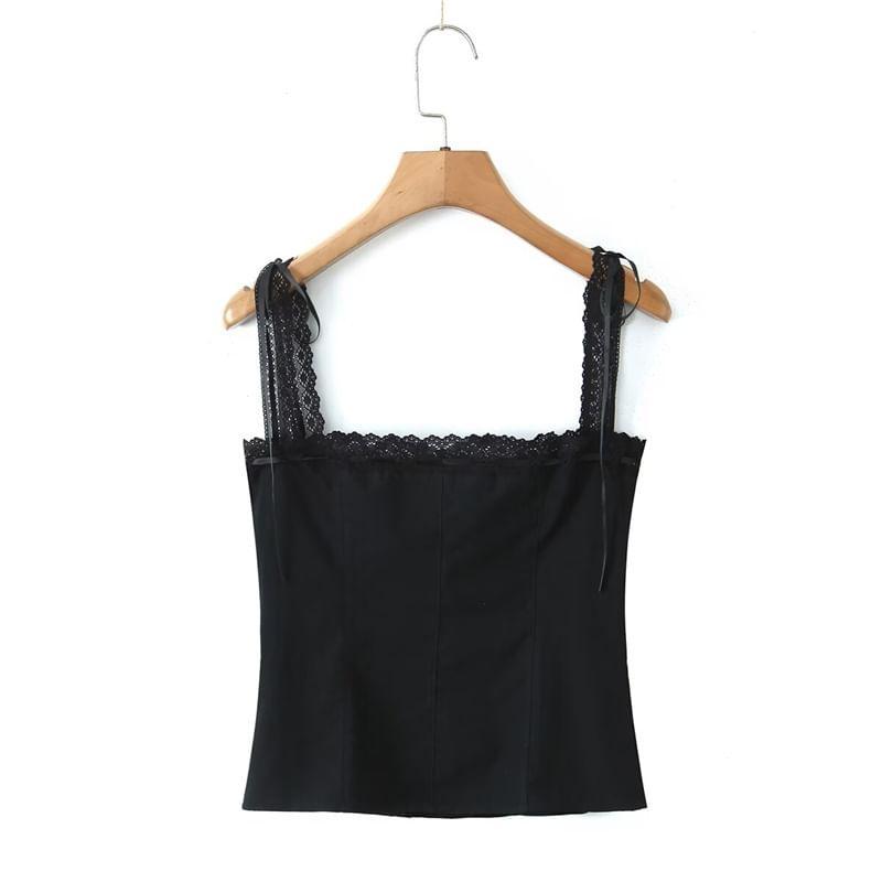 Bow Pintuck Button Lace Trim Camisole Top Product Image